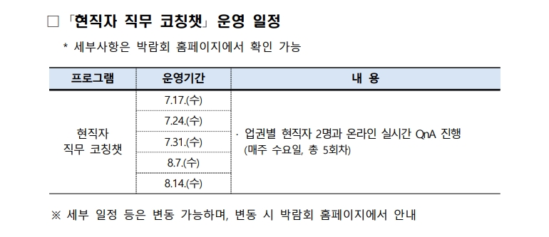 2024 금융권 공동채용 박람회 금융권 현직자 직무 코칭챗 운영 일정